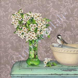 Blossoms, Bird and Bowls (framed art print from watercolour of chickadee and apple blossoms by Cori Lee Marvin)