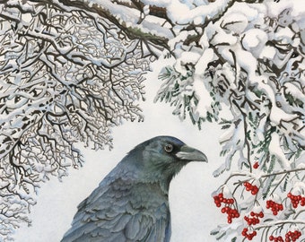 Winter Crow Watercolor Print: "First Snow" Framed Landscape Art