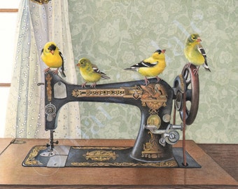 Goldfinch Sewing Machine (Title: "Singers" framed print from watercolour of goldfinch birds on an antique singer machine by Cori Lee Marvin)