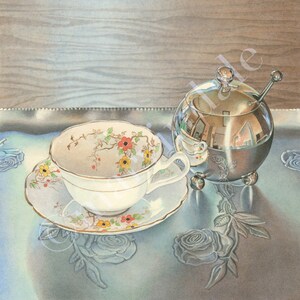 Zucker und Tee (gerahmter Kunstdruck von Aquarell von Teetasse und Zuckerdose auf gepresstem Aluminiumtablett von Cori Lee Marvin)