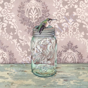 Hummingbird Canning Jar (Title: "On the Ball" framed art print from watercolour of hummingbird on antique Ball jar by Cori Lee Marvin)