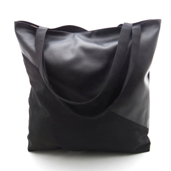 XL-Shopper - Shoulder Bag - Tote Bage - Pouch - Bag made of leatherette and canvas "black", black faux leather and black canvas as tote bag