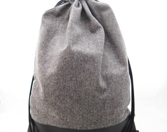 Turnbeutel  - Beutel - Rucksack "Tweed", Tweed mit Pfeffer & Salz Muster und schwarzes Kunstleder