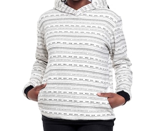 Hoodie/ Sweatshirt "Ethno", cream white, cuddly sweatshirt fabric, printed with black triangles, dots and lines, bag, hood