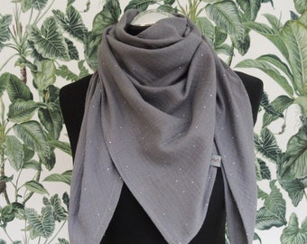 Muslin scarf / triangular scarf / shawl "Dancing in the Rain", grey muslin, double gauze with light glitter, cotton