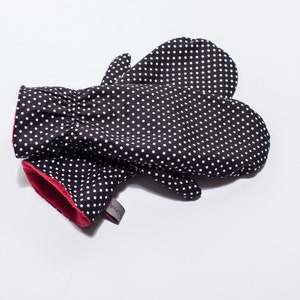 Mittens, Gloves black dots, white dots on black ground, red polar fleece lining image 1