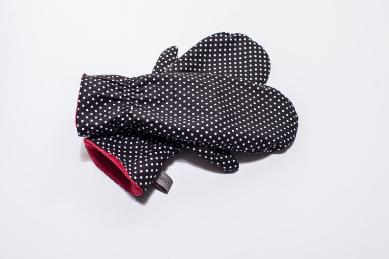 Mittens, Gloves black dots, white dots on black ground, red polar fleece lining image 1