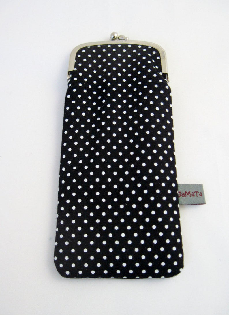 Glasses/ Spectacles Case Good Old Times, black with white dots, strap closure image 4