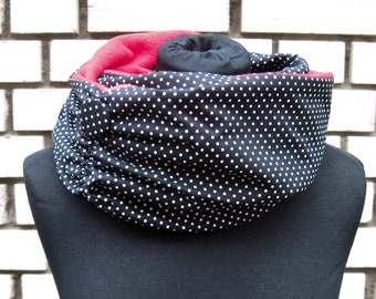 Winter Loop-Scarf "Black Dots", black cotton with white dots on one side and cosy fleece on the other