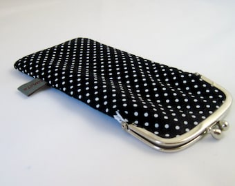 Glasses/ Spectacles Case "Good Old Times", black with white dots, strap closure