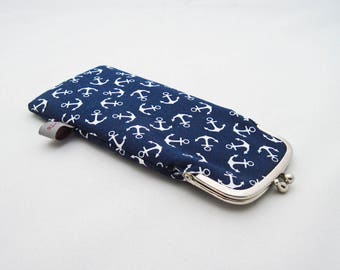 Glasses Case "Anchor", white anchors on navy blue ground, gingham, strap closure, anchor love