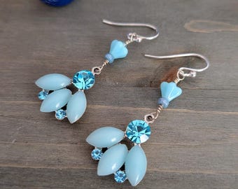 Vintage Aquamarine Austrian Crystal Earrings, Sterling Silver
