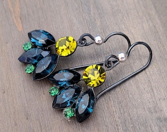 Vintage Montana Blue, Olivine & Green Tourmaline Austrian Crystal Earrings.