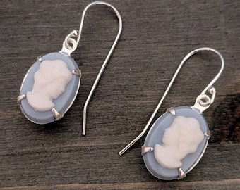 Vintage Cameo Earrings /  Wedgwood Blue and white Cameo / Sterling silver Cameo/ Cameo Earrings/Victorian jewelry
