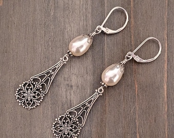 Vintage Style Silver Pearl Dangle Earrings, Sterling Silver Bridal Jewelry