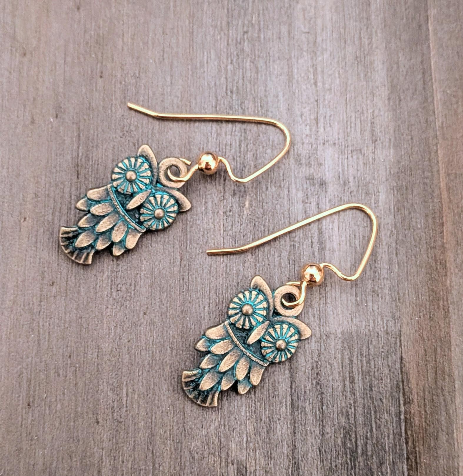 Patina Green Brass Owl Earrings, Vintage Style Dangle