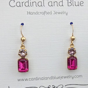 Vintage Fuchsia pink Earrings set in Raw Brass Bezel with 14k gold filled ear wire/ Vintage Earrings/ Victorian Jewelry