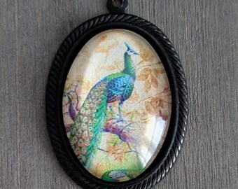Vintage style peacock cameo pendant, Black Brass Bezel pendant, jewelry supplies