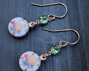 Yellow Floral Cameo Drop Earrings: Vintage Style Peridot & 14k Gold Filled