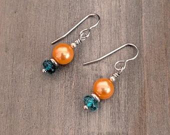 Watermelon Tourmaline and Orange Pearl  Earrings, Freshwater Pearls, Stainless Steel Earwires