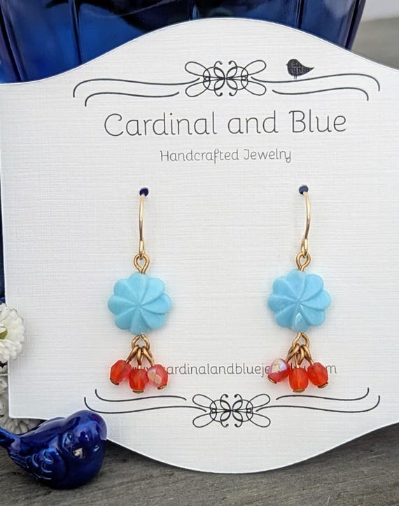 Vintage Baby Blue Flower Earrings: MCM Gold Filled Dangle