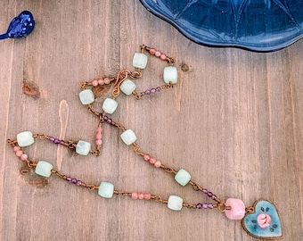 Vintage Rare One of a kind heart necklace/Rosary Chain style heart necklace/ Aquamarine guilloche heart