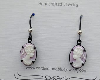 Vintage Lavender Cameo Earrings: Black Brass & Niobium