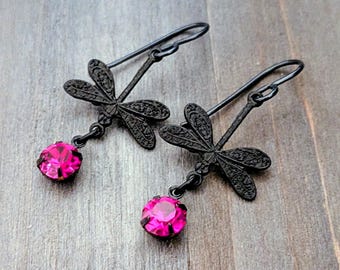 Vintage Inspired Dragonfly Earrings: Black Brass, Fuchsia Crystals, Niobium Wires
