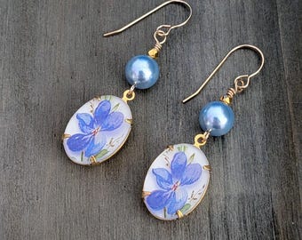 Vintage Blue Iris Floral Cameo Earrings, 14k Gold Filled Wire, Brass Bezel