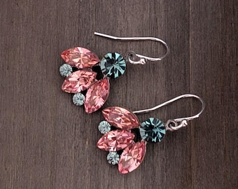 Vintage Pink and Sapphire Austrian Crystal Earrings, Sterling Silver