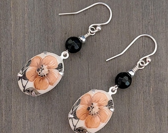 Vintage Peach and Black Floral Cameo Earrings, .925 Sterling silverl