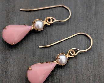 Vintage Pink Jadeite Pearl Drop Earrings, 14k Gold Filled Earwire