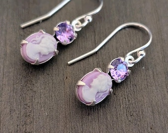 Vintage Purple Cameo Earrings with Sterling Silver Earwires and Crystal Accents