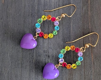 Rainbow Heart Dangle Earrings: Vintage 80s Style, 14k Gold Filled, Pride