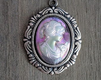 Vintage A/B Blue Gray Opal Cameo Pendant, Antique Silver Plated Bezel