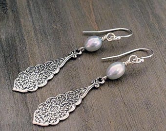 Vintage Style Silver Pearl Dangle Earrings, Freshwater pearls, Sterling Silver Bridal Jewelry