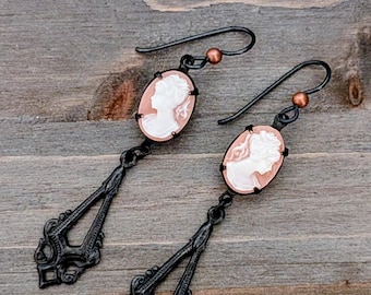 Vintage Peach Cameo Dangle Earrings, Black Brass, Niobium Ear Wire