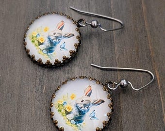 Vintage Style Bunny Cameo Earrings, Brass Bezel, Stainless Steel Hooks