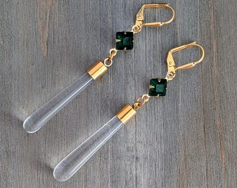 Vintage Lucite & Emerald Double Drop Dangle Earrings, Raw brass and stainless steel