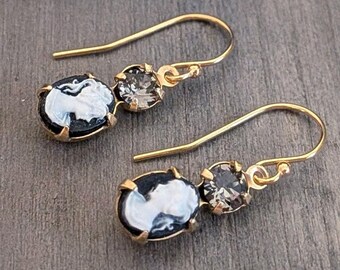 Vintage Cameo Earrings: Black diamond crystal and Cameo, 14k gold filled