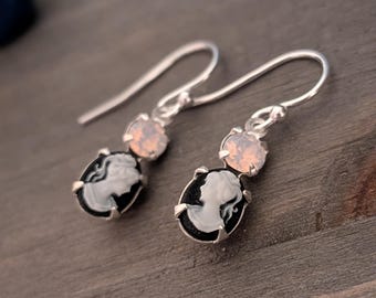 Vintage Cameo Earrings: Black & Rose Opal, Sterling Silver
