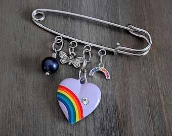 Vintage Style Rainbow Heart Charm Brooch, Purple Pearl, Butterfly, Safety Pin Kilt Clasp