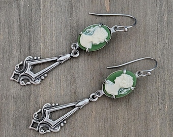 Vintage Sage Green Cameo Dangle Earrings, Antique Silver cameo, cameo jewelry