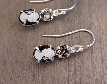 Vintage Cameo Earrings: Black diamond crystal and Cameo,  Sterling Silver