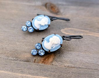 Vintage Wedgwood Blue Cameo Earrings, Sapphire Crystals, Black Brass Bezel