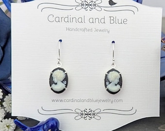 Vintage Black & White Cameo Earrings: Sterling Silver Victorian Style