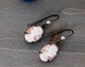 Vintage Pink Cameo Earrings, Black Brass, Niobium Ear Wires