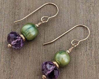 Amethyst and Gold Earrings,  Freshwater Pearls, 14k Gold Filled earrings, gift ideas, handmade jewelry