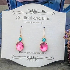Vintage Pink Glass Earrings: Aqua Rhinestone, 14k Gold Filled