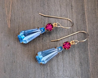 Vintage Light Sapphire Earrings with Pink Embellishment, 14k Gold Filled